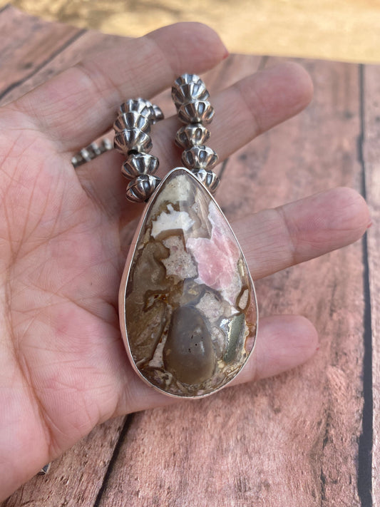 Handcrafted Rhodonite & Sterling Silver Beaded Necklace