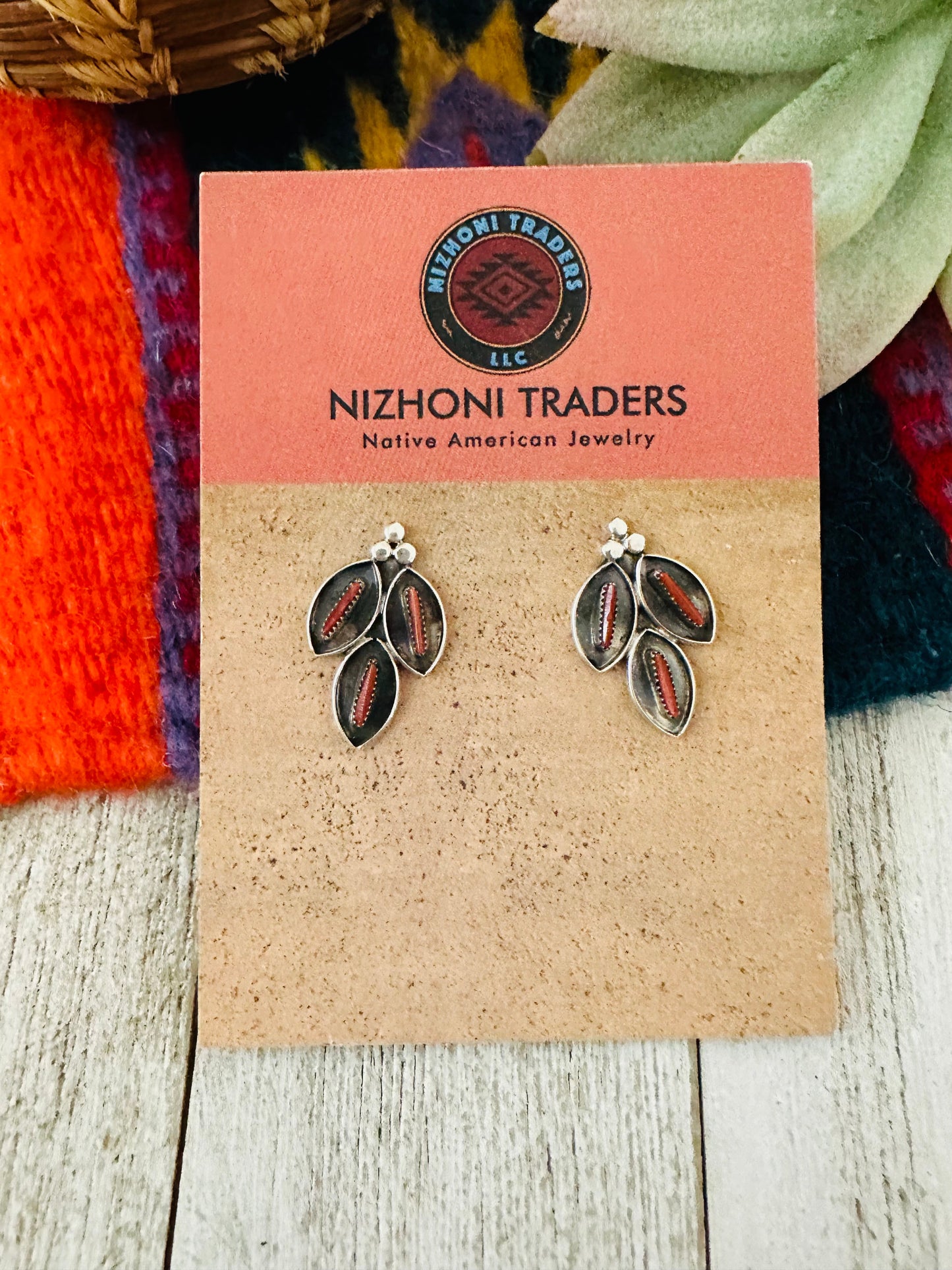 Zuni Coral & Sterling Silver Shadowbox Stud Earrings
