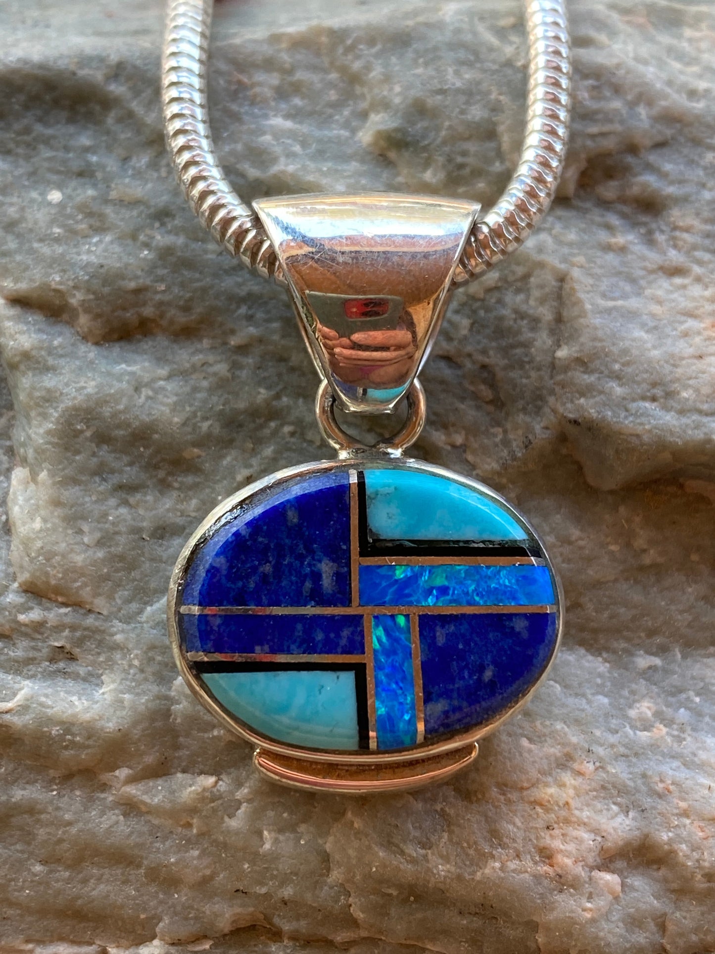 Navajo Lapis, Turquoise, Blue Opal Small Oval Pendant