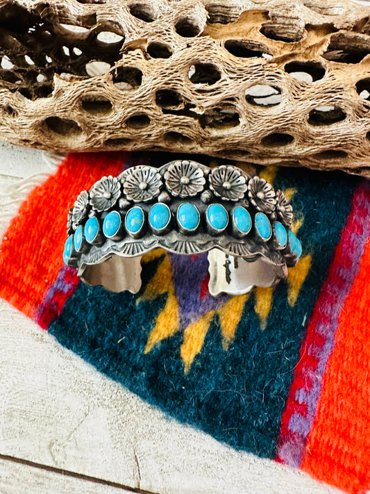 Handcrafted Turquoise & Sterling Silver Flower Cuff Bracelet /