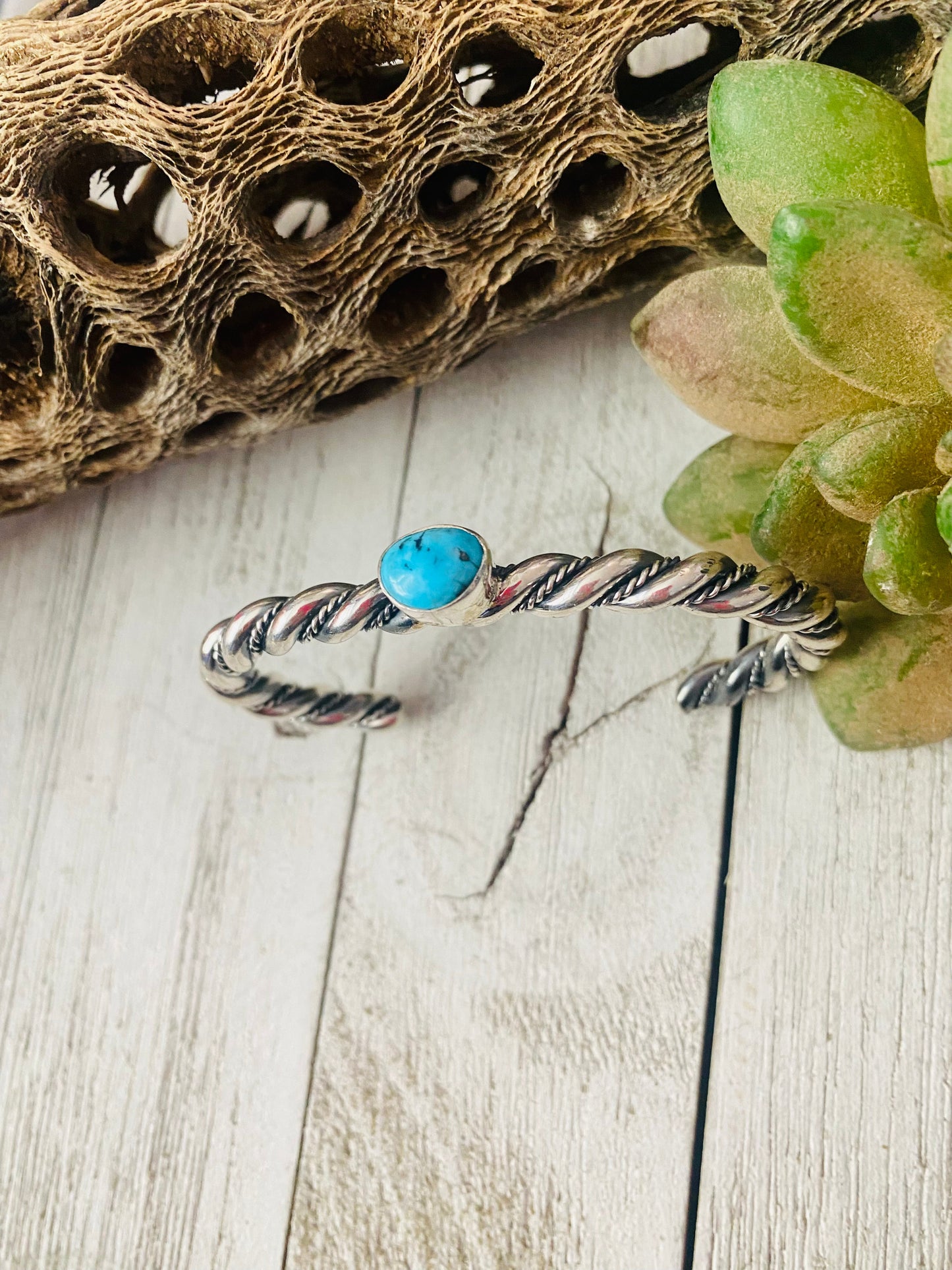 Handcrafted Twisted Sterling Silver & Kingman Turquoise Cuff Bracelet