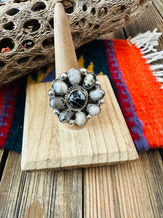 Handcrafted Sterling Silver And White Buffalo Cluster Adjustable Ring