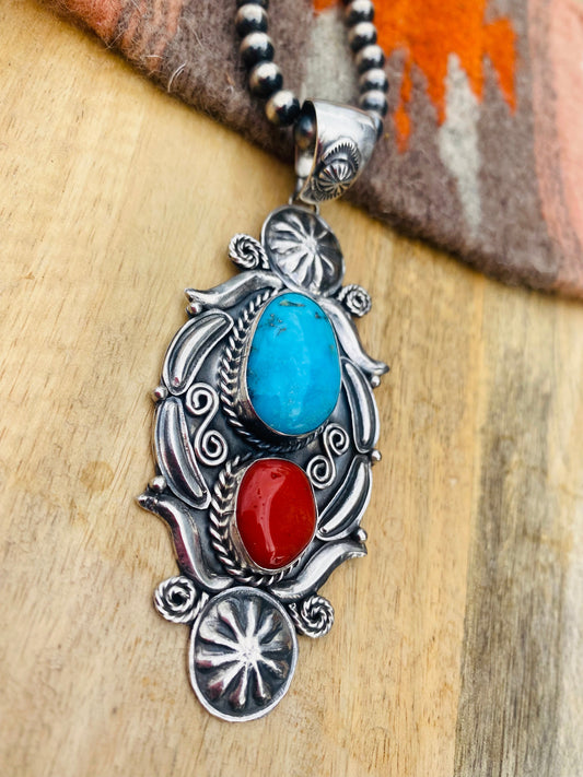 Handcrafted Sterling Silver, Kingman Turquoise & Coral Pendant Signed