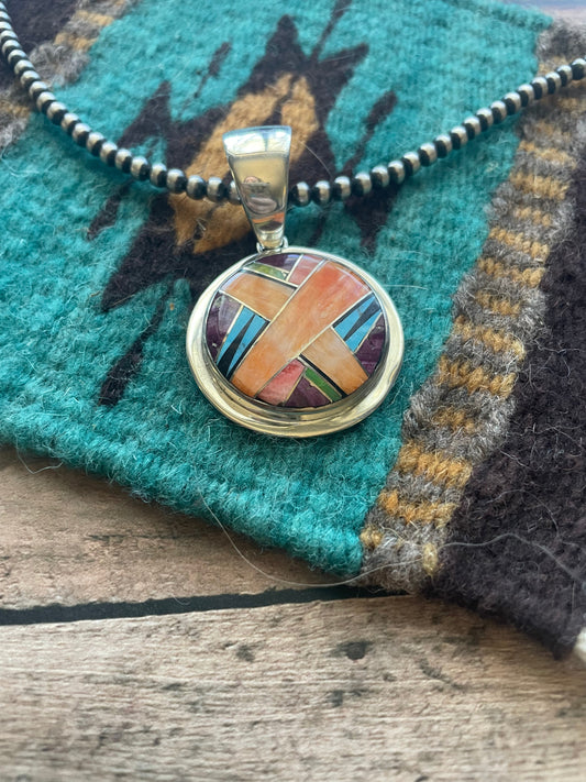 Handcrafted Multi Stone Inlay & Sterling Silver Circle Pendant