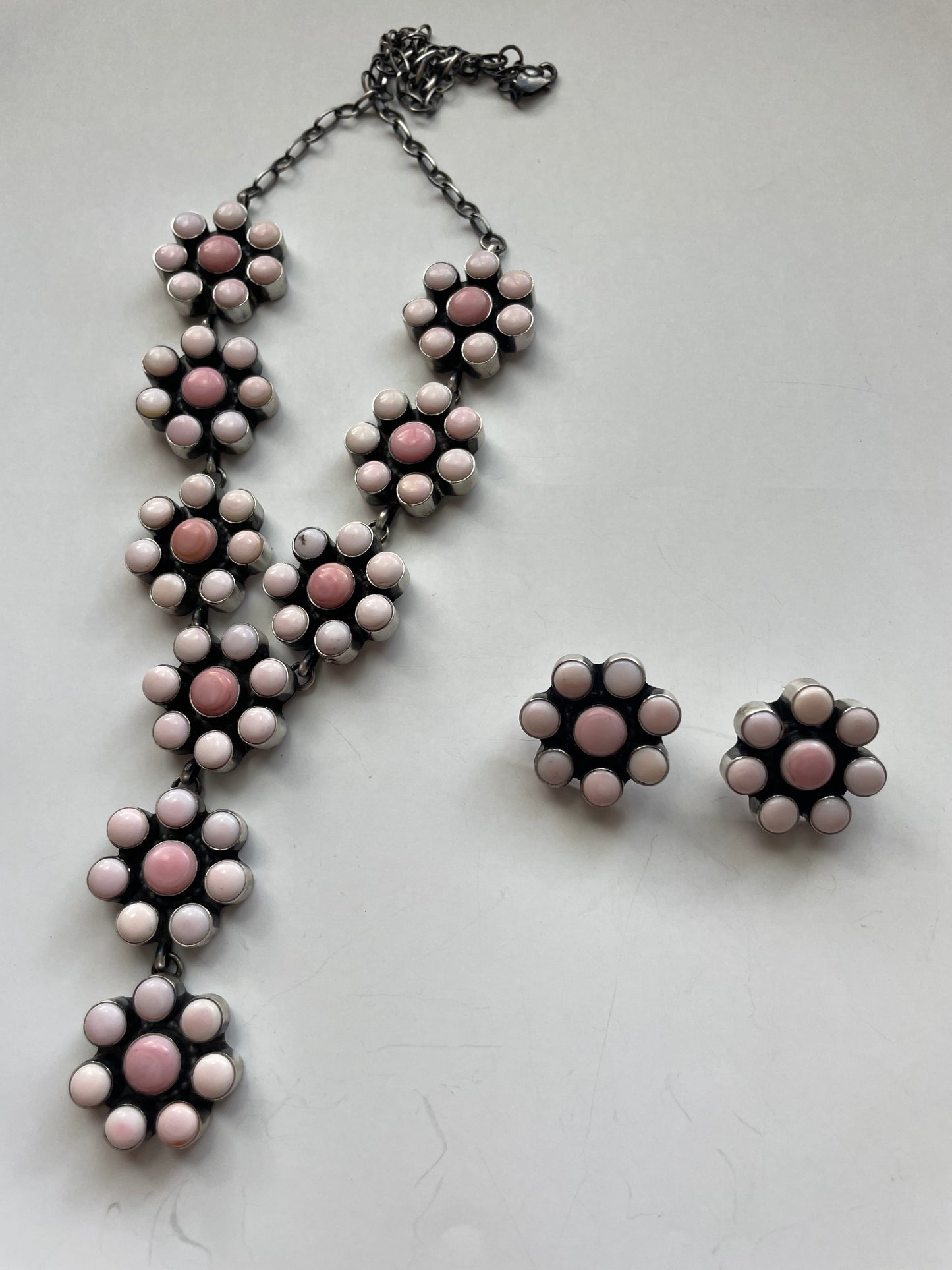 Handcrafted Queen Pink Conch Shell And Sterling Silver Necklace Earrings Set Signed