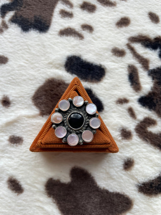 Handcrafted Sterling Silver, Black Onyx, Pink Conch Flower Cluster Adjustable Rings Signed