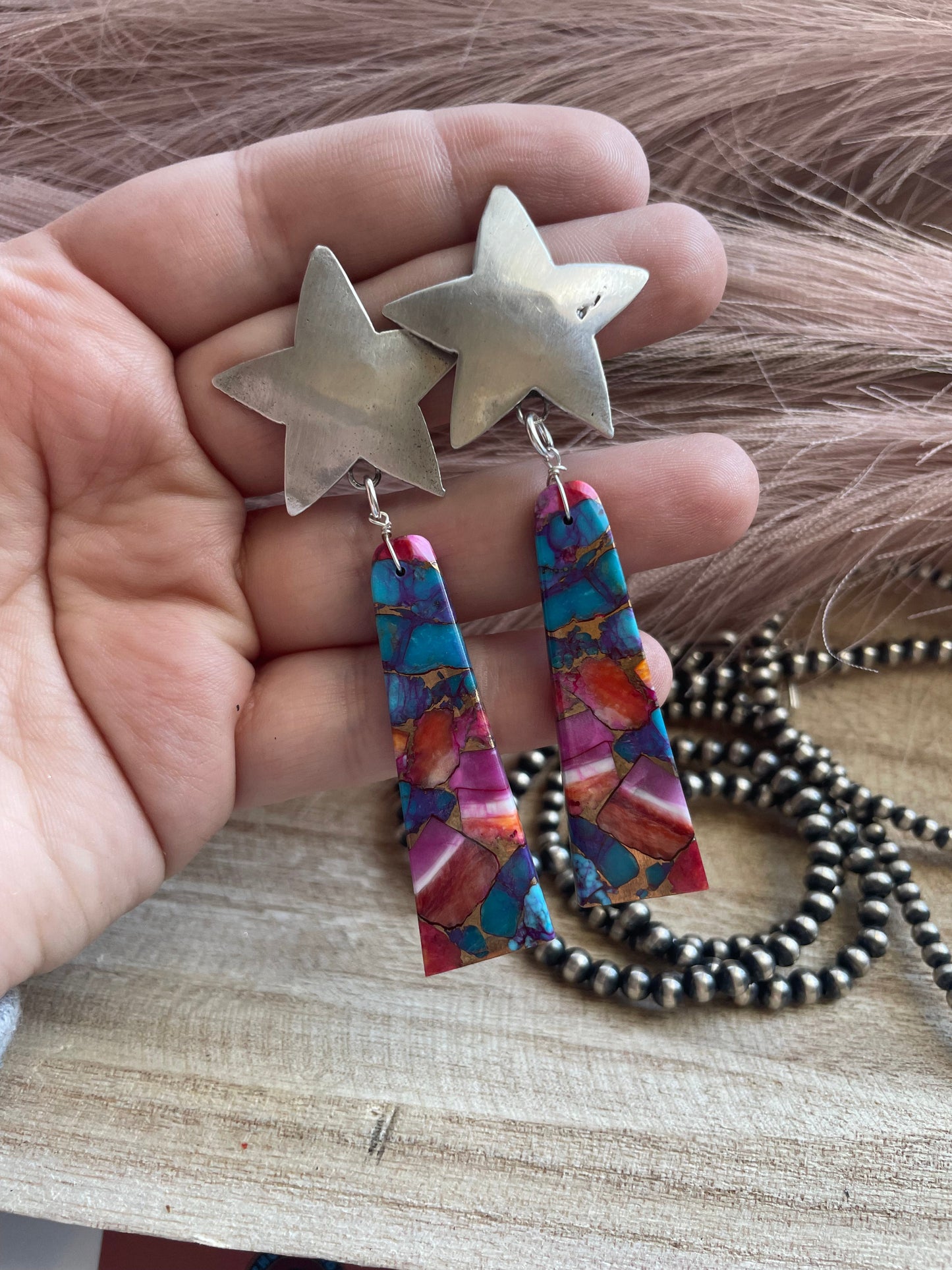 Navajo Sterling Silver & Pink Dream Slab Star Dangle Earrings