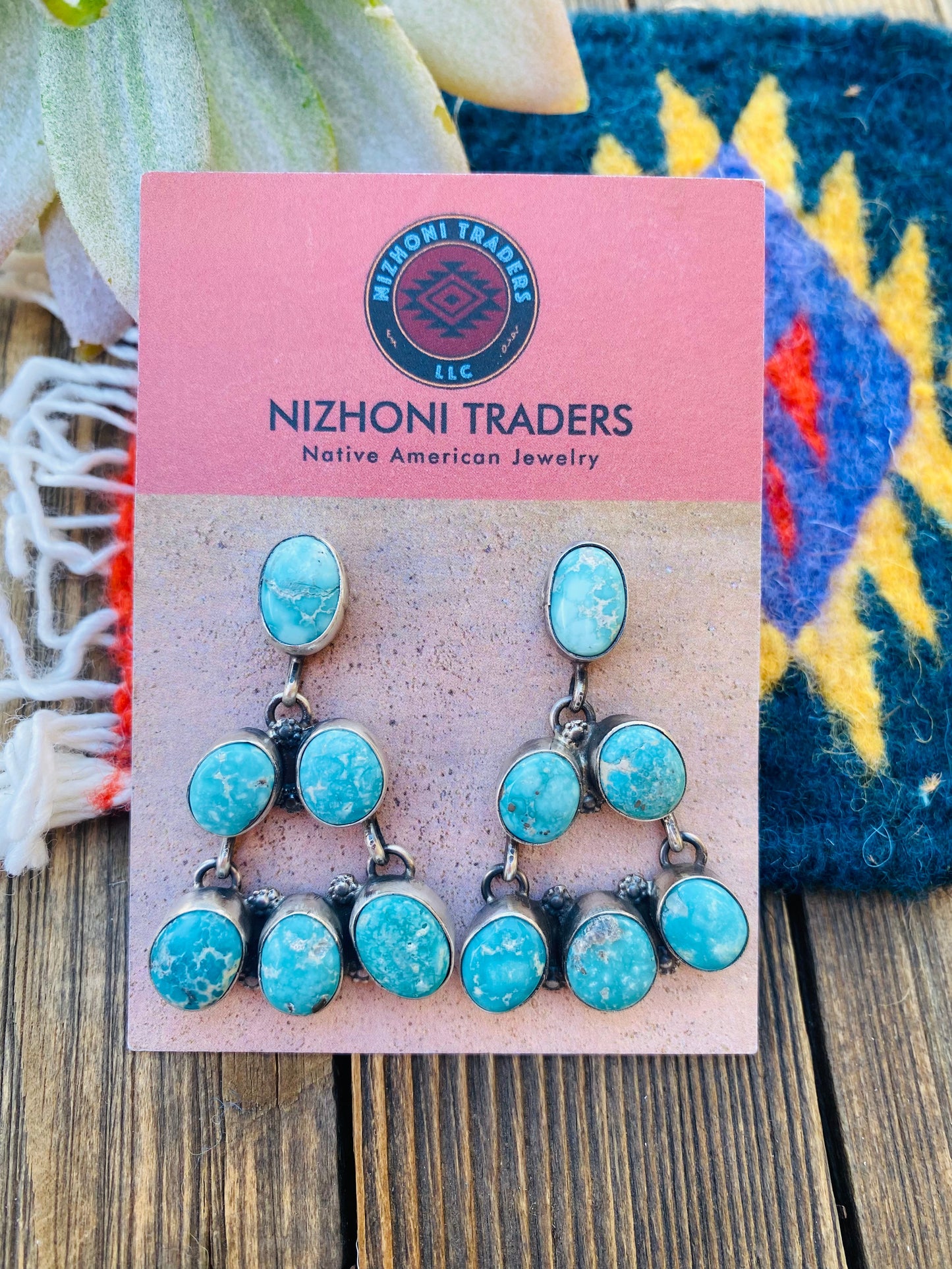 Navajo Turquoise & Sterling Silver Cluster Dangle Earrings