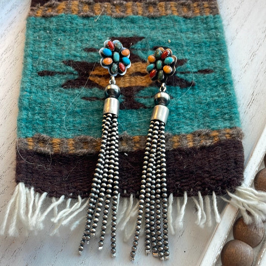 Handcrafted Sterling Silver Tassel Multi Stone Flower Dangle Earrings Signed