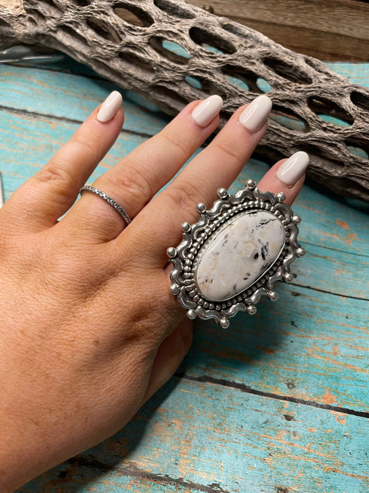 Handcrafted Sterling Silver & White Buffalo Adjustable Ring Signed