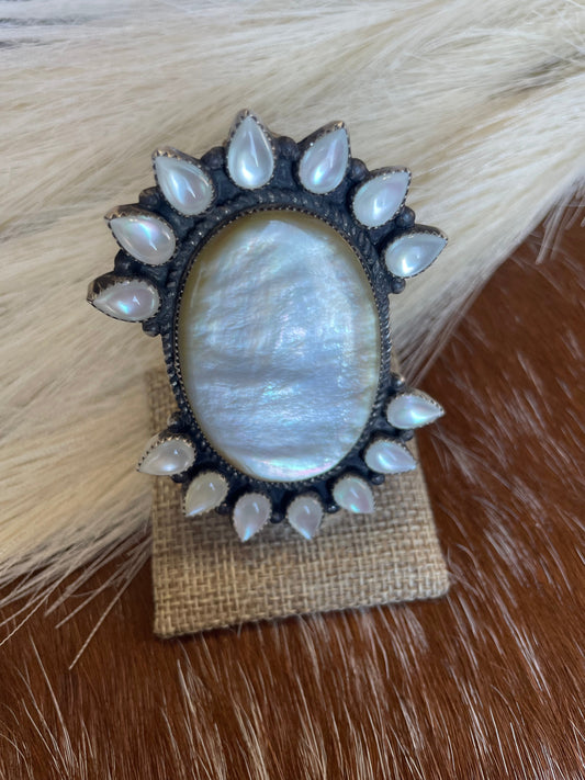 Handcrafted Mother Of Pearl And Sterling Silver Adjustable Statement Ring