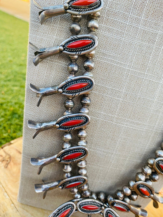 Handcrafted Vintage Coral & Sterling Silver Squash Blossom Necklace