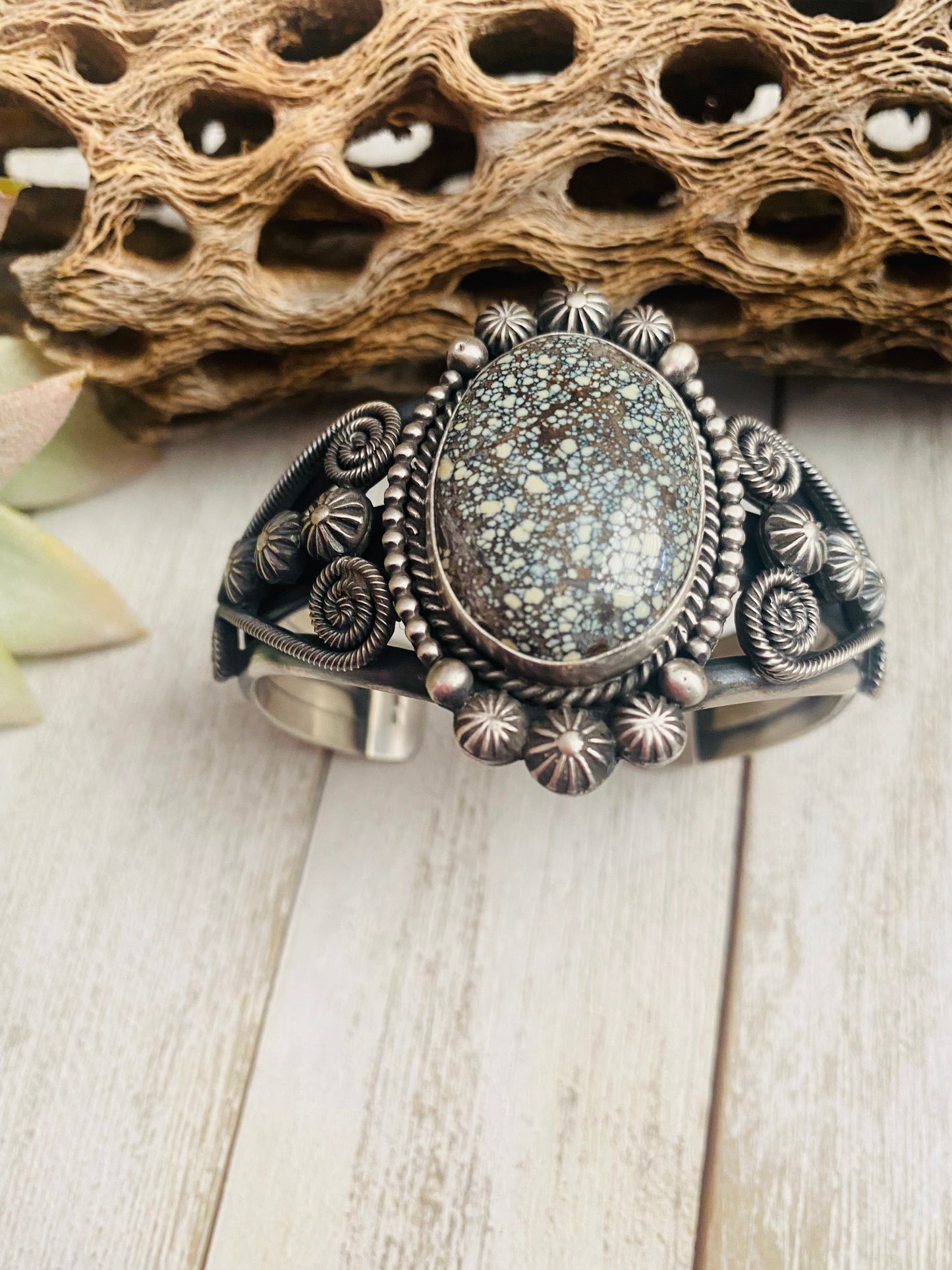 Handcrafted New Lander Turquoise & Sterling Silver Cuff Bracelet Signed