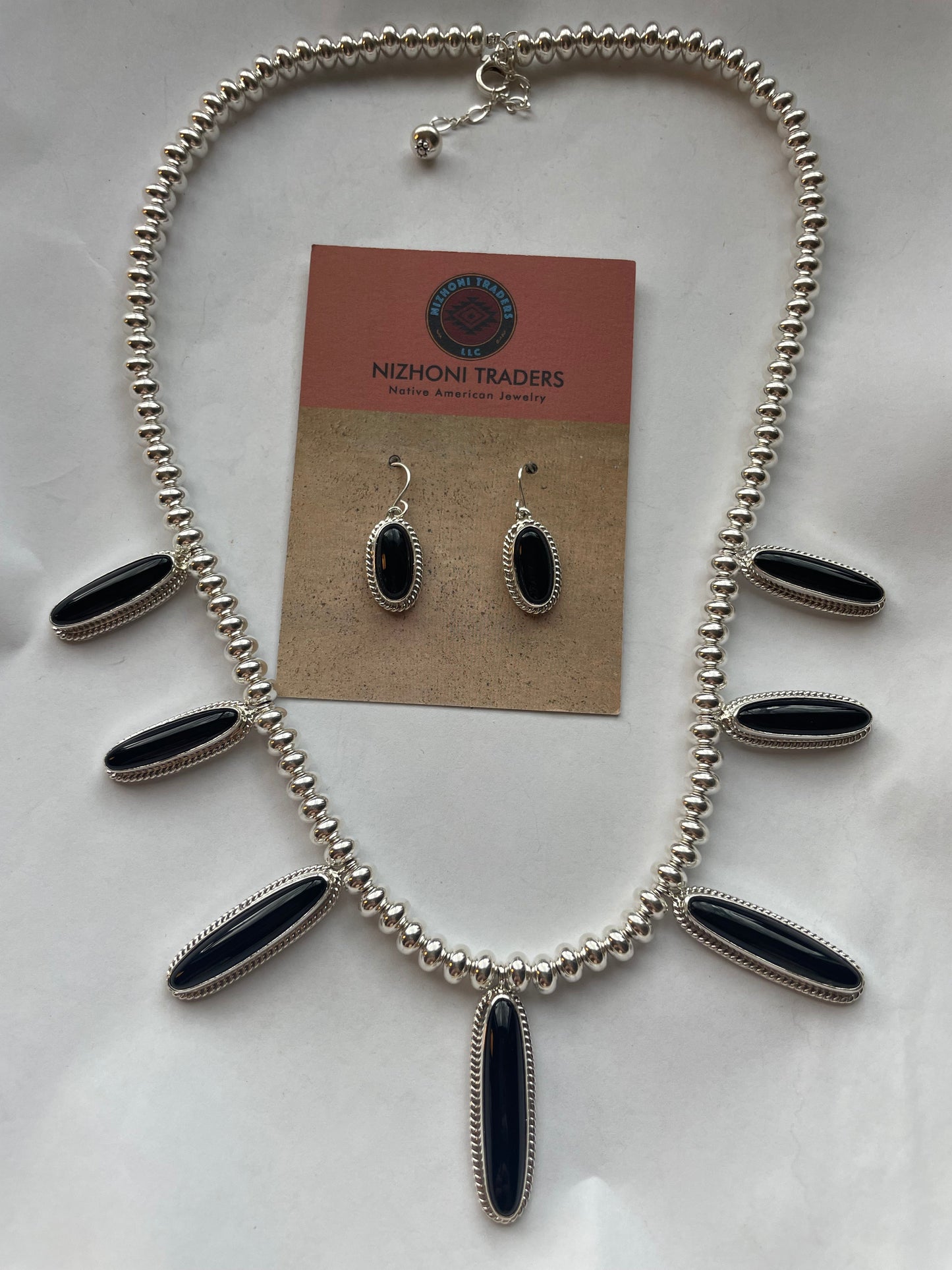 Handcrafted Sterling Silver & Black Onyx Necklace & Earring Set Signed
