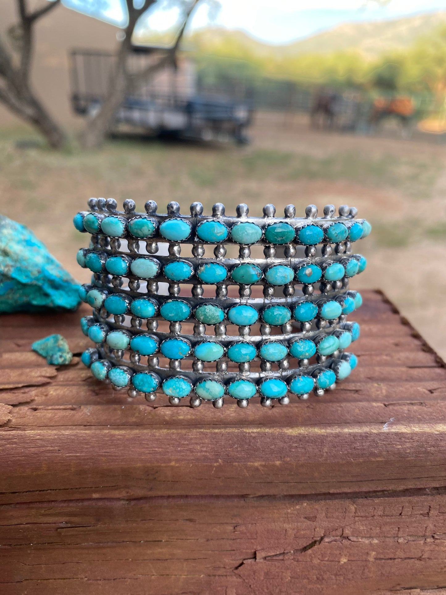 Mark Yazzie Handcrafted Sterling Silver & Carico Lake Turquoise Cuff Bracelet Signed /