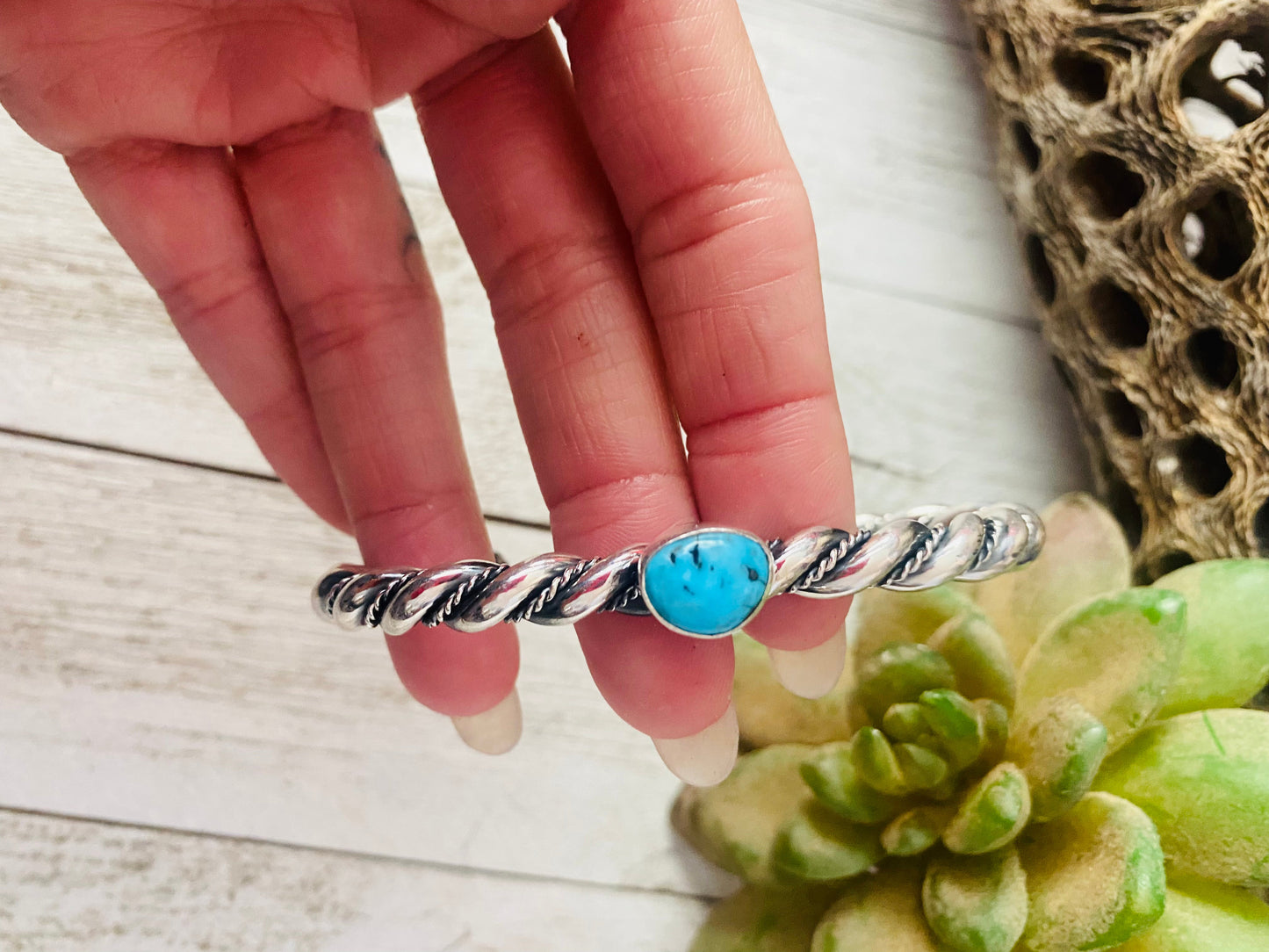 Handcrafted Twisted Sterling Silver & Kingman Turquoise Cuff Bracelet
