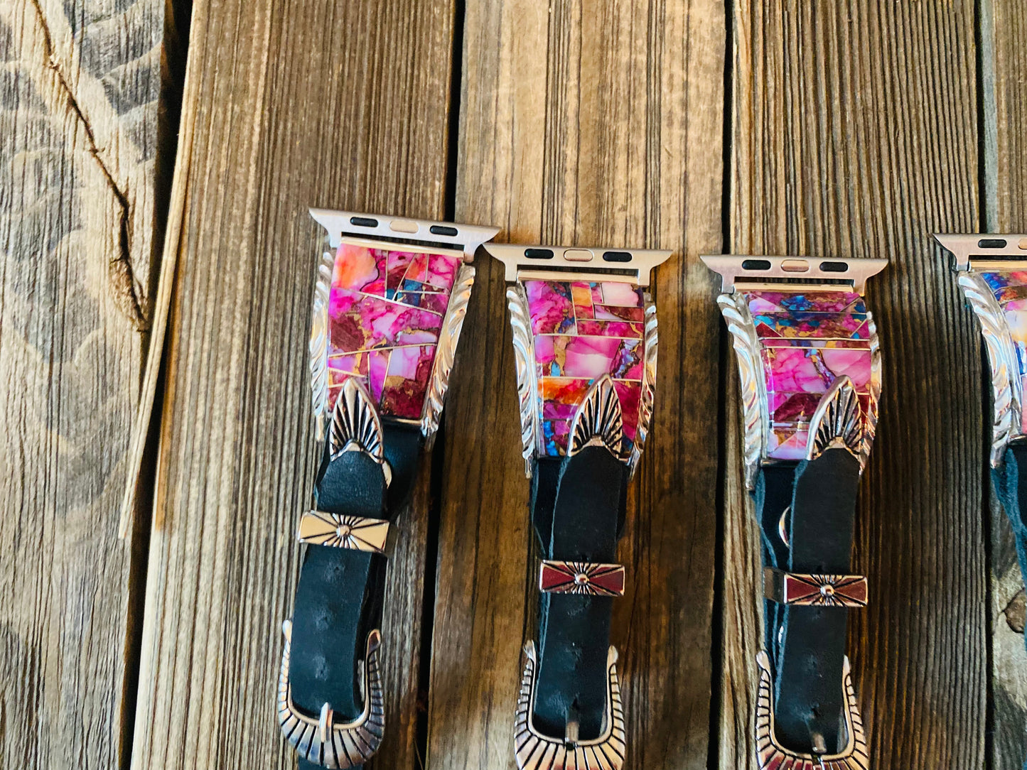 Handcrafted Pink Dream Mohave, Sterling Silver & Black Leather Smartphone Watch Band
