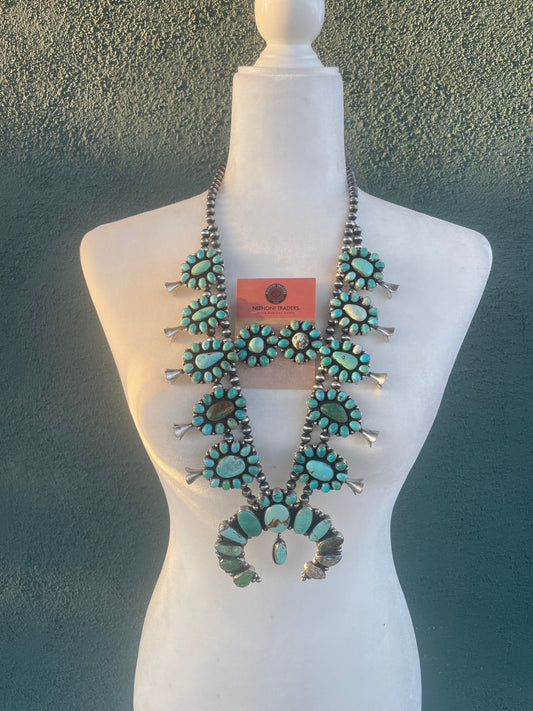 Handcrafted Sheila Becenti Carico Lake, Royston Turquoise & Sterling Squash Blossom Set