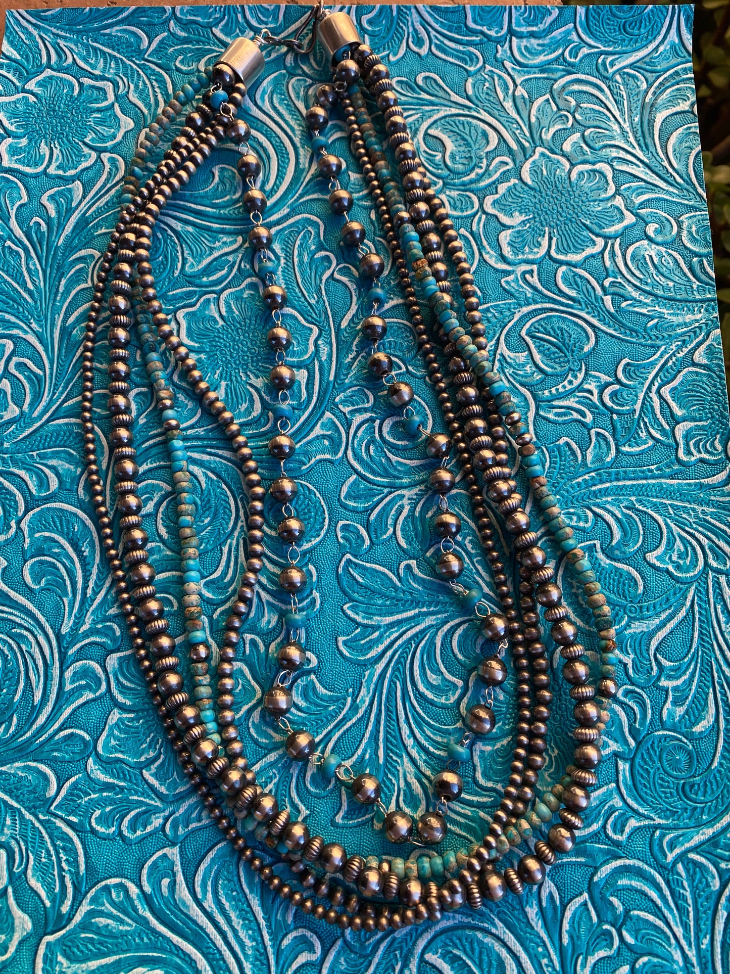 Handcrafted Turquoise & Sterling Silver 5 strand Beaded Necklace