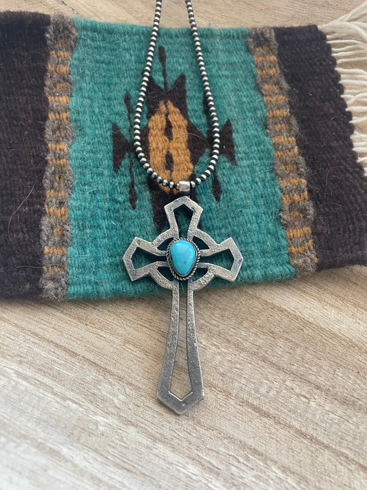Handcrafted Sterling Silver & Turquoise Cross Pendant Signed Eugene Mitchell