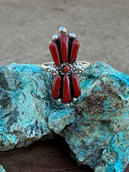 Handcrafted Sterling Silver & Coral Needlepoint Ring
