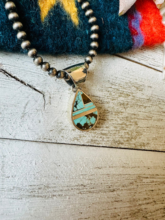 Handcrafted Number 8 Turquoise & Sterling Silver Teardrop Inlay Pendant