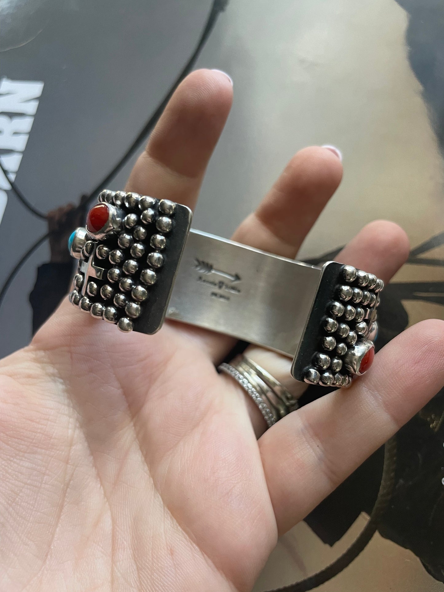 Sterling Silver, Turquoise, & Coral Cross Cuff Bracelet By Ronnie Willie /
