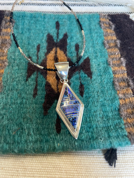 Handcrafted Sterling Silver & Blue Opal Inlay Diamond Pendant