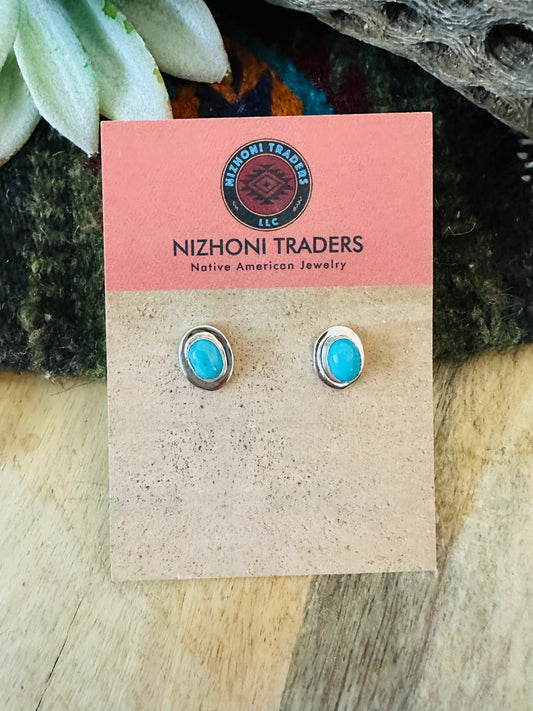 Handcrafted Turquoise & Sterling Silver Oval Stud Earrings