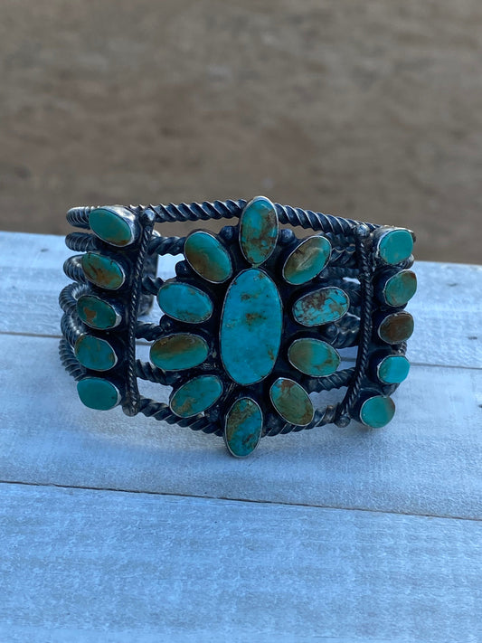 Handcrafted Jacqueline Silver Royston Turquoise & Sterling Cluster Cuff /