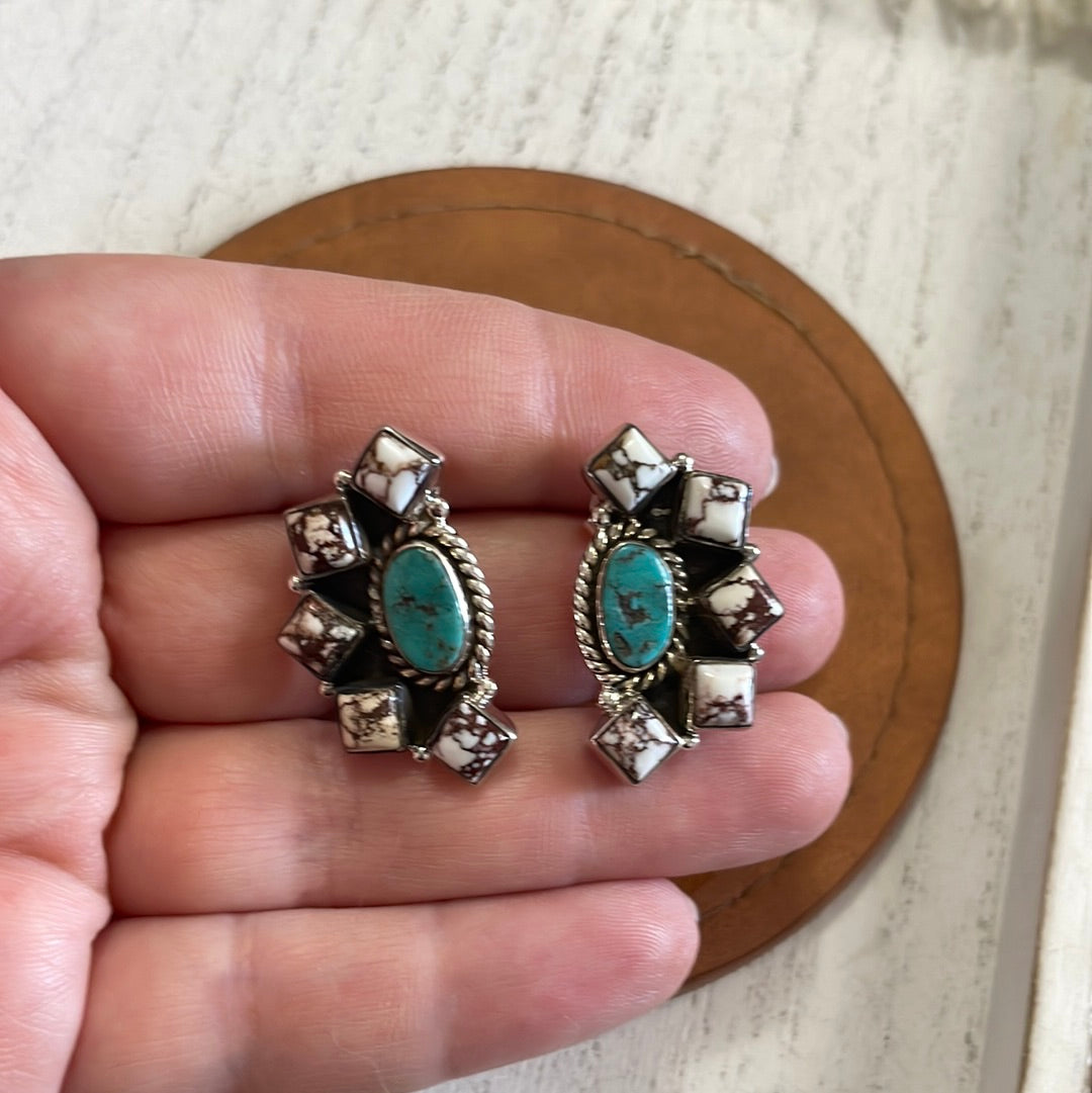 Nizhoni Wild Horse & Turquoise Sterling Silver Cluster Earrings