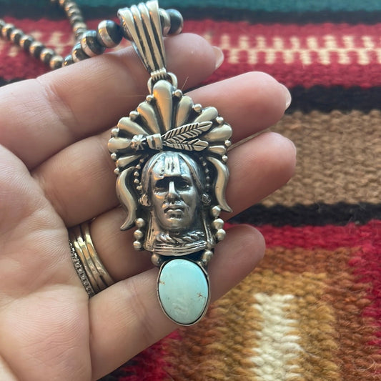 Beautiful Handcrafted Sterling Silver & Turquoise Chief Pendant Signed Russell Sam