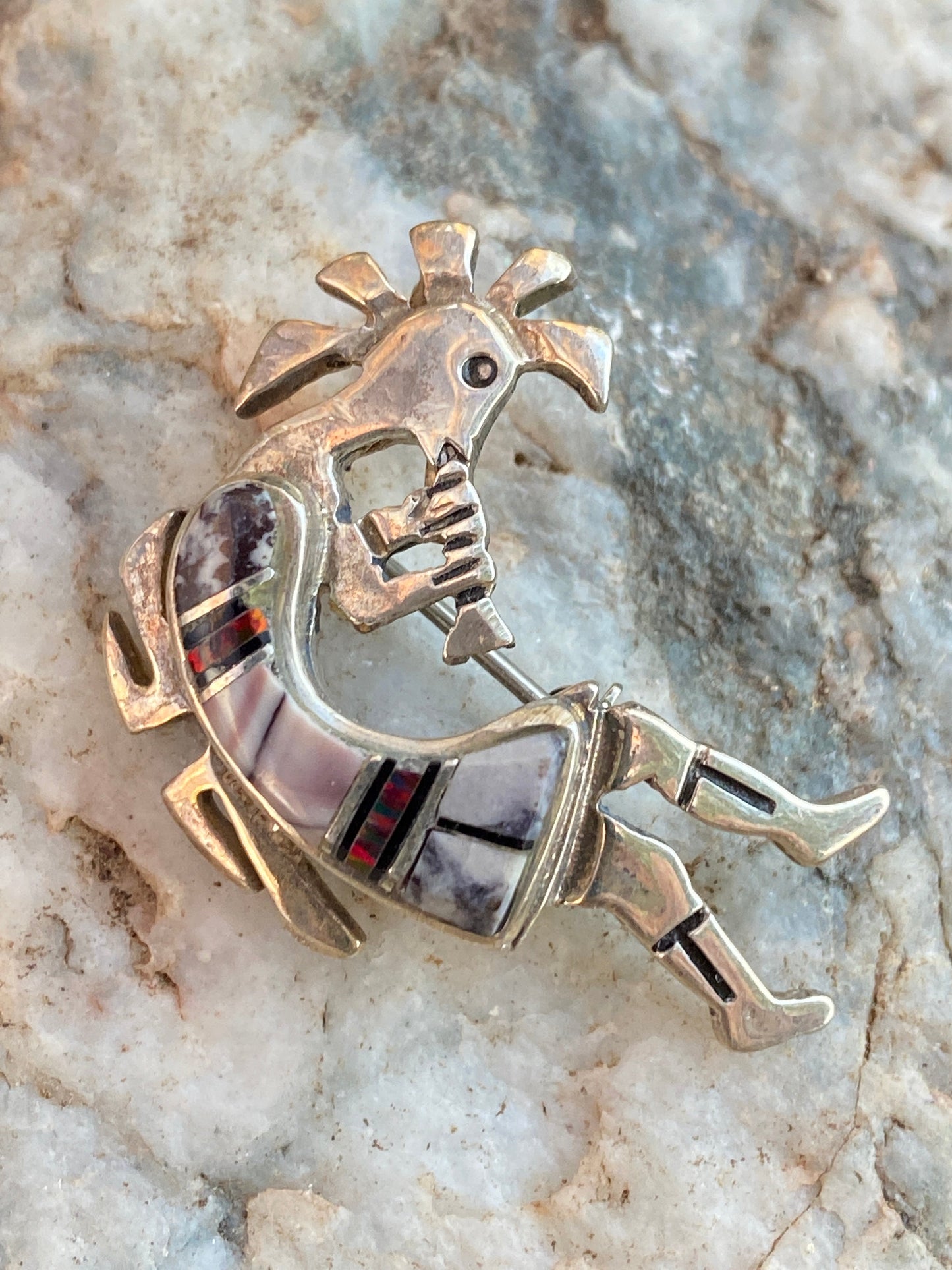 Handcrafted Onyx, Purple Spiny and Fire Opal  Sterling Silver Kokopelli Pin Pendant