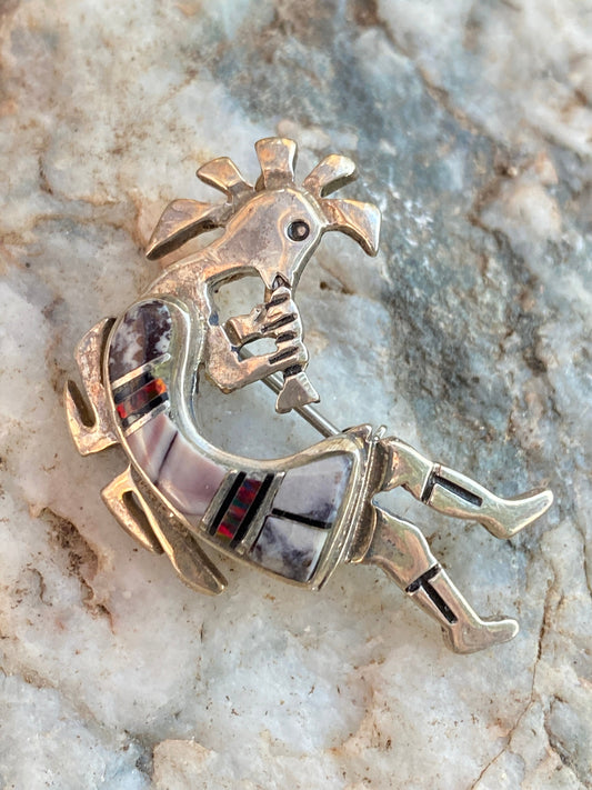 Handcrafted Onyx, Purple Spiny and Fire Opal  Sterling Silver Kokopelli Pin Pendant