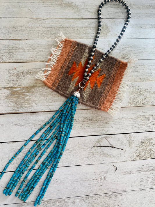 Handcrafted Turquoise & Sterling Silver Pearl Beaded Tassel Necklace
