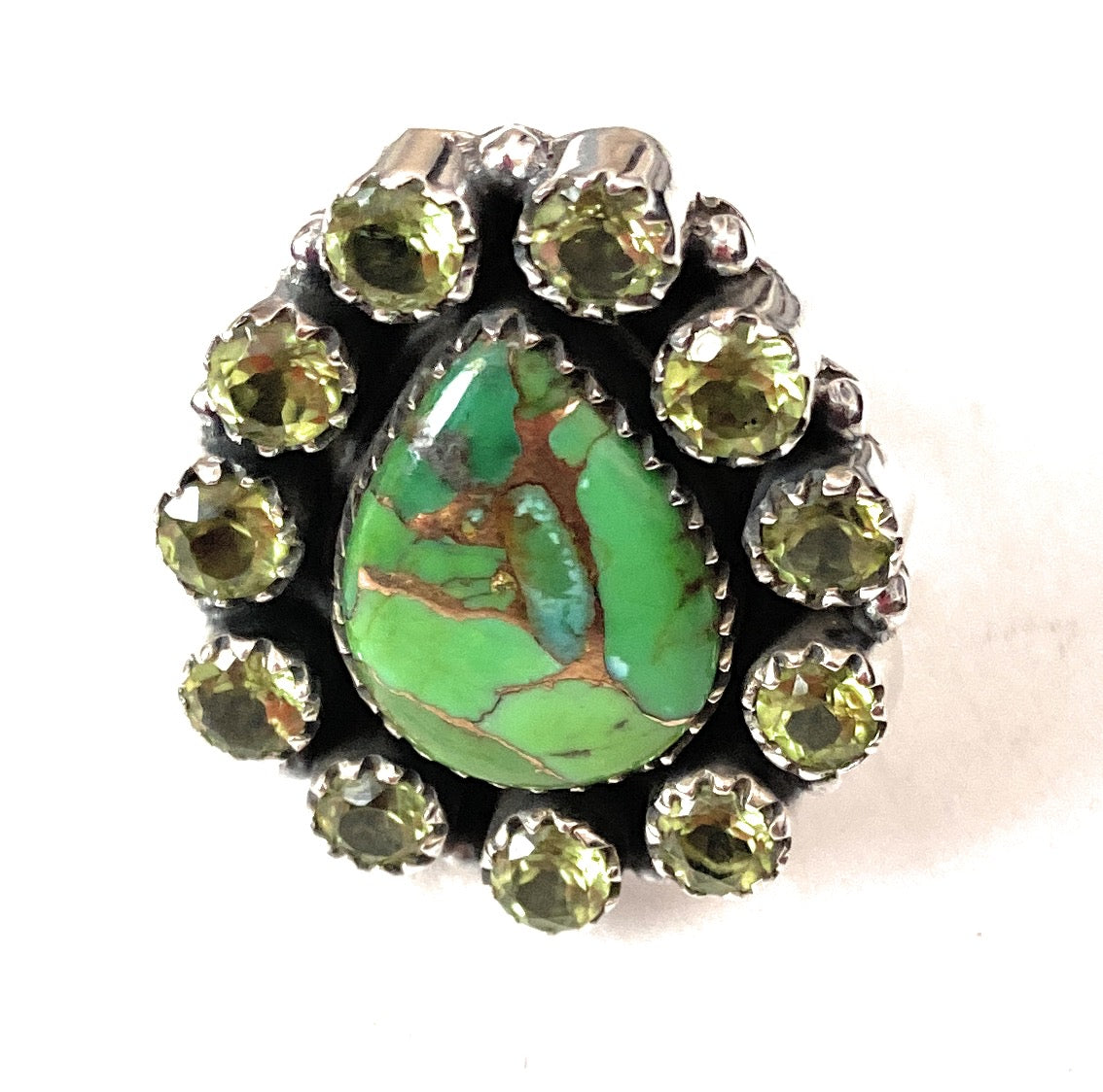 Handmade Sterling Silver, Gaspeite & Peridot Cluster Adjustable Ring