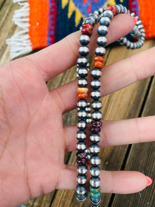 Handcrafted Multi Stone & Sterling Silver Pearl Beaded 36” Necklace