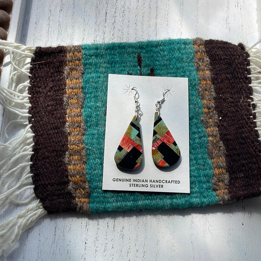 Handcrafted Multi Stone Inlay Dangle Earrings