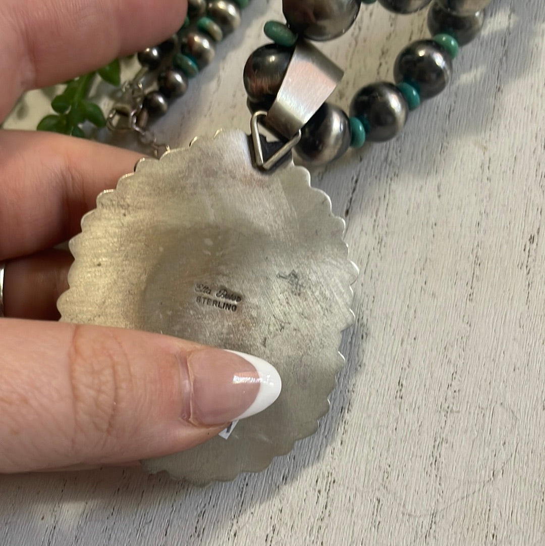 Beautiful Handcrafted Sterling Silver Beaded Turquoise Necklace With Pendant Signed Ella Peter