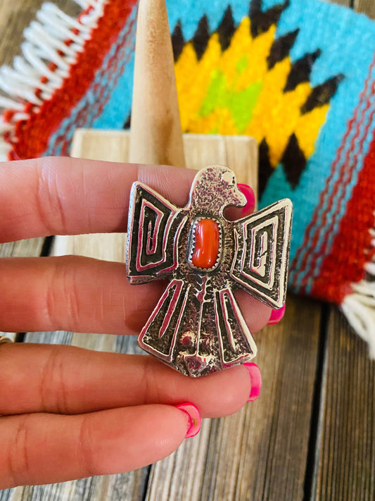 Handcrafted Sterling Silver & Coral Thunderbird Ring