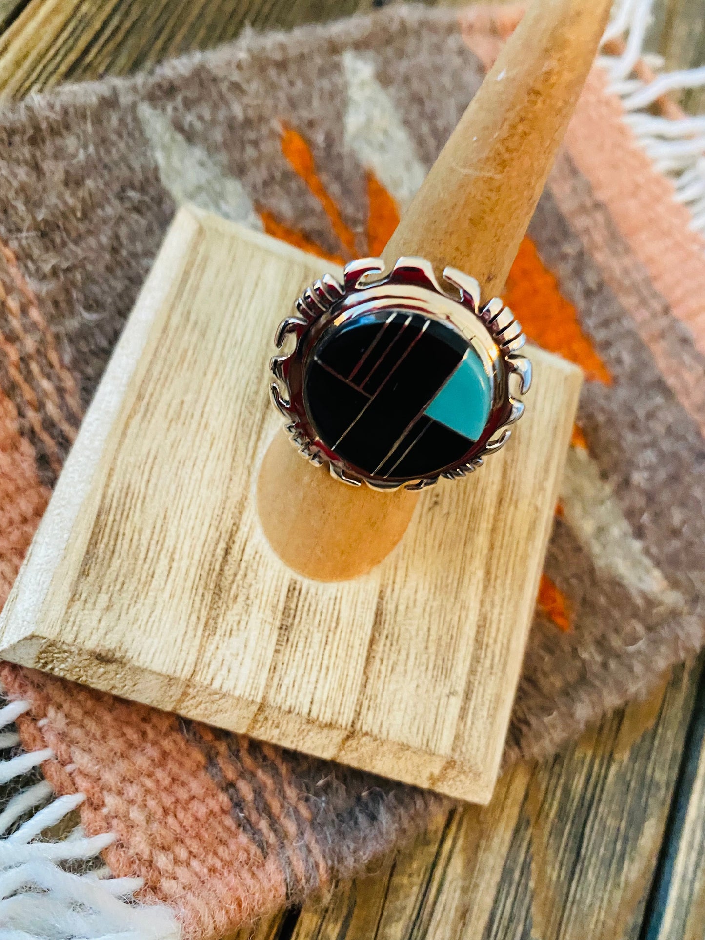Handcrafted Sterling Silver, Onyx & Turquoise Inlay Ring Size 6.25