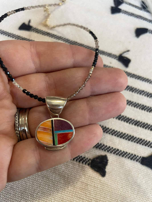 Handcrafted Multi Stone Inlay & Sterling Silver Circle Pendant
