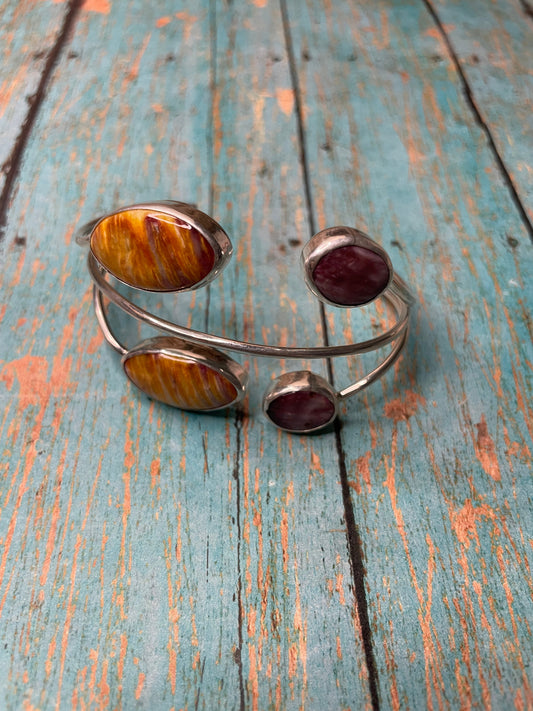 Handcrafted Beautiful Floating Stone Spiny Sterling Silver Cuff Bracelet By Kee-J