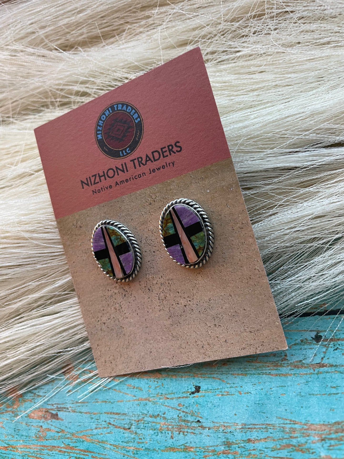 Handcrafted Multi Stone And Sterling Silver Inlay Oval Earrings Signed