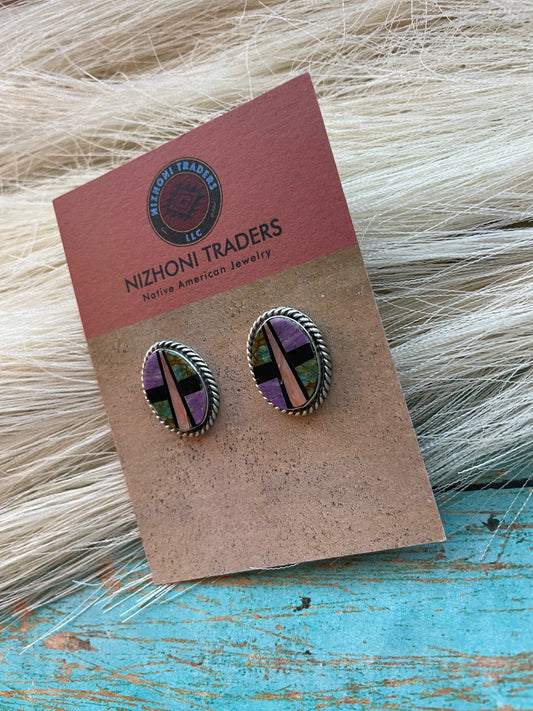 Handcrafted Multi Stone And Sterling Silver Inlay Oval Earrings Signed