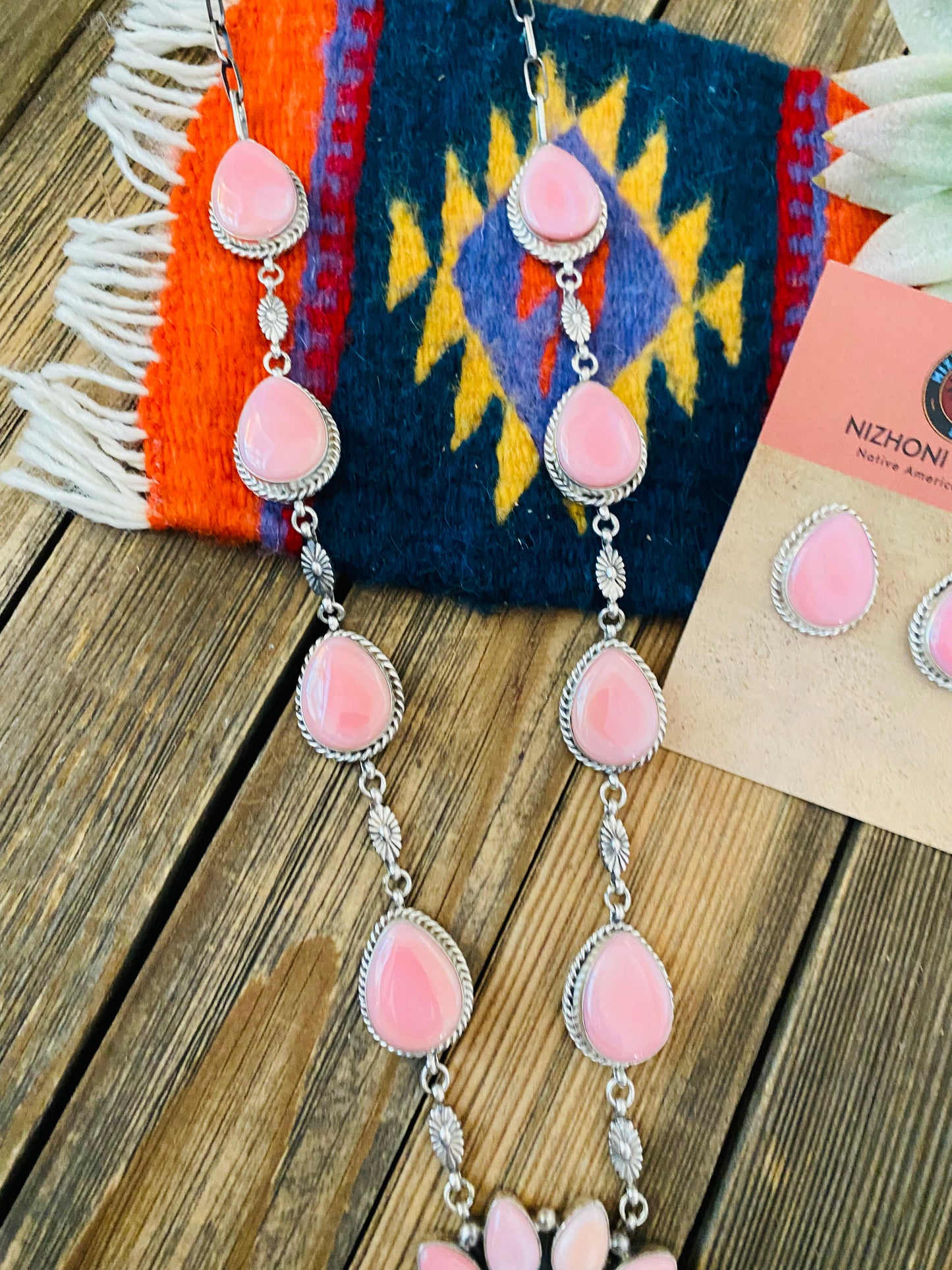 Handcrafted Pink Conch And Sterling Silver Necklace Earrings Set Signed Phyllis Smith