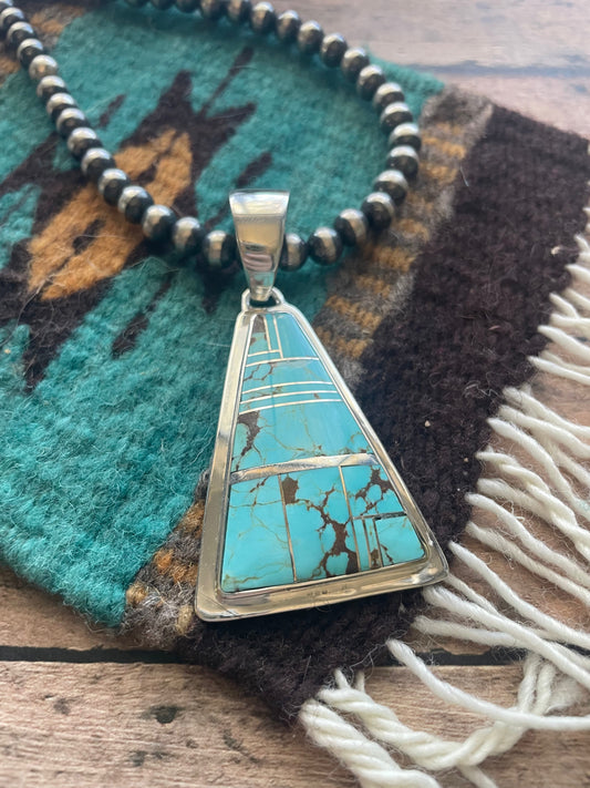 Handcrafted Number 8 Turquoise Inlay & Sterling Silver Triangle Pendant