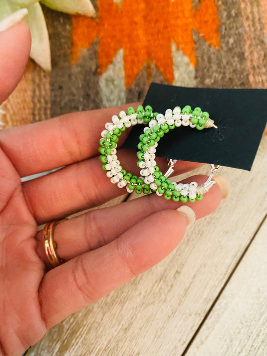 Handcrafted Handmade Beaded Hoop Earrings- green/white