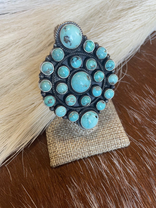 Handcrafted Sterling Silver & Turquoise Adjustable Statement Cluster Ring Signed