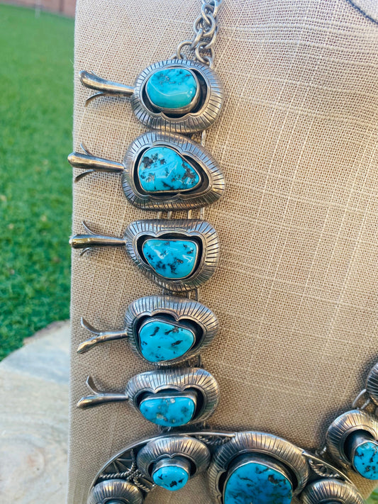 Handcrafted Vintage Kingman Turquoise & Sterling Silver Squash Blossom Necklace